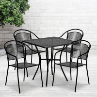 Flash Furniture CO-28SQ-03CHR4-BK-GG 28'' Square Black Indoor-Outdoor Steel Patio Table Set with 4 Round Back Chairs 